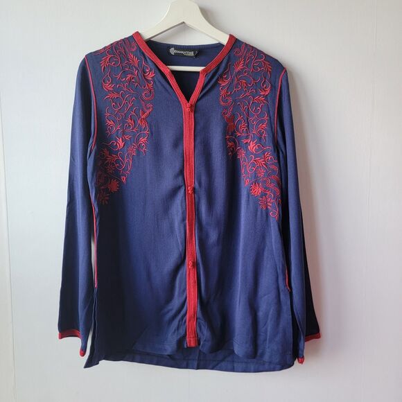 diama ntine premium womens embroidered tunic top size M chinese button knot boho - Picture 1 of 9